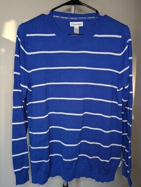 Calvin Klein Royal Blue and White Striped Long-Sleeve Crewneck
